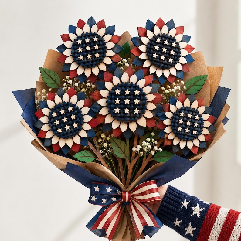 Patriotic layered flower bouquet laser cut file featuring five red white blue wooden flowers, perfect for Independence Day decor and gifts.
