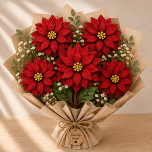Poinsettia Bouquet Decor on table, Flower Bouquet SVG, Christmas Decor SVG, Poinsettia Flower, Wooden Flower Gift, Laser Cut Files, Layered Flower SVG, Wooden Flowers Laser, Glowforge Flower, xTool Laser File, 3D Flower SVG.