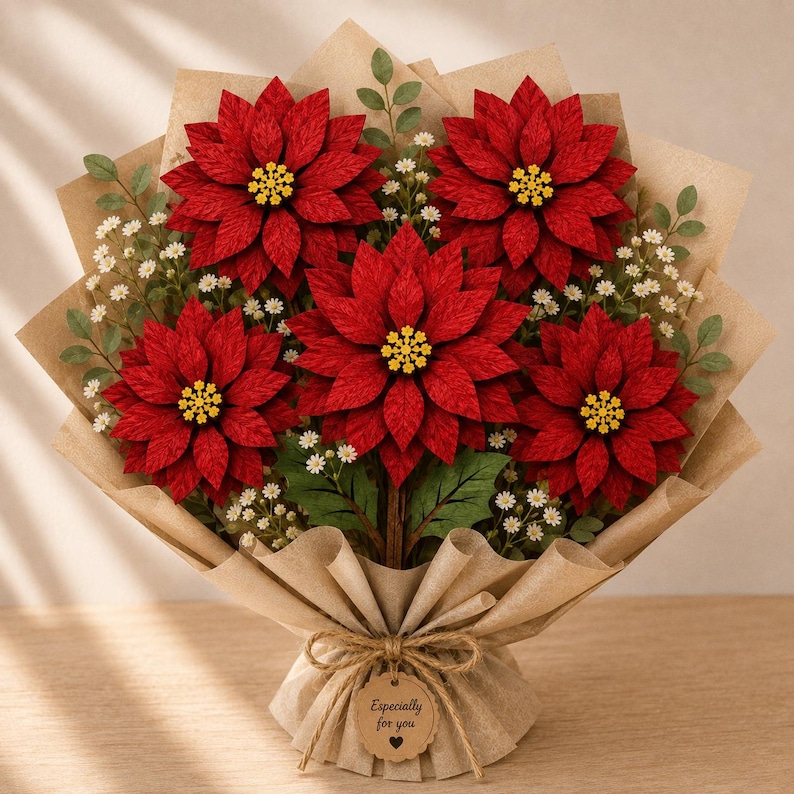 Poinsettia Bouquet Decor on table, Flower Bouquet SVG, Christmas Decor SVG, Poinsettia Flower, Wooden Flower Gift, Laser Cut Files, Layered Flower SVG, Wooden Flowers Laser, Glowforge Flower, xTool Laser File, 3D Flower SVG.