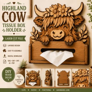 Pode incluir: Um porta-caixas de lenços de papel Highland Cow de madeira. O design cortado a laser apresenta um rosto de vaca em camadas com detalhes florais e uma expressão sorridente. O suporte foi projetado para fácil montagem e é um download digital.