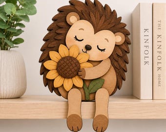 Sleepy Hedgehog Hugging a Sunflower SVG, Bookshelf Sitter SVG, Woodland Nursery Decor, Laser Cut File, Glowforge, xTool, Layered Wood