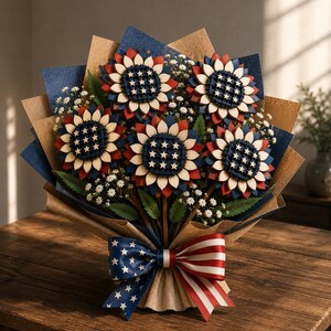 Finished 3D patriotic flower bouquet with layered wooden flowers, American flag inspired ribbon, laser cut SVG design for holiday decor.