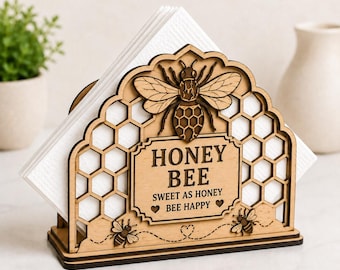 SVG Porte-Serviettes Abeille Personnalisé, Fichier Découpe Laser pour Glowforge, Support à Serviettes Abeille Nid d’Abeille Décoration
