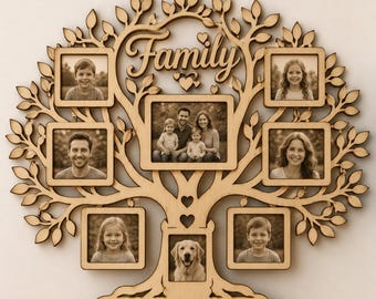 Cadre Photo Arbre Généalogique SVG, Support Arbre de Famille Découpe Laser, Cadre Photo Bois SVG, Fichier CNC Dxf, Décoration Familiale