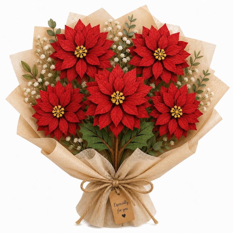 Layered Poinsettia Bouquet SVG with five wooden flowers, Flower Bouquet SVG, Poinsettia Bouquet, Wooden Flower Gift, Romantic Wood Gift, Christmas Flower SVG, Laser Cut Files, Wooden Flowers Laser, Glowforge Flower, xTool Laser File.
