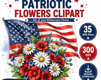 35 cliparts lunatiques fleurs patriotiques JPG, 4 juillet aquarelle floral Bundle, bouquet drapeau USA, téléchargement immédiat, usage Commercial