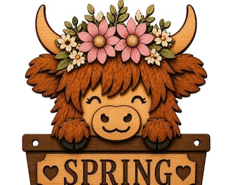 SVG Highland Cow de Printemps | Fichier de Découpe Laser Panneau Bienvenue Highland Cow Floral | Adorable Décoration Printanière Farmhouse