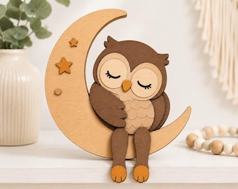 Sleepy Owl Sitting on a Moon SVG, Bookshelf Sitter SVG, Woodland Nursery Decor, Laser Cut File, Glowforge, xTool, Layered Wood