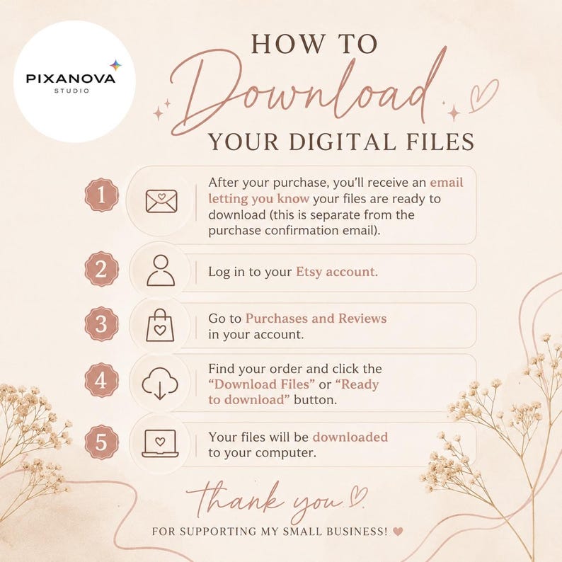 May include: An instructional graphic titled HOW TO DOWNLOAD YOUR DIGITAL FILES with the Pixanova Studio logo. It lists five numbered steps with icons for email, account login, purchases, download, and computer, ending with Thank you for supporting my small business.