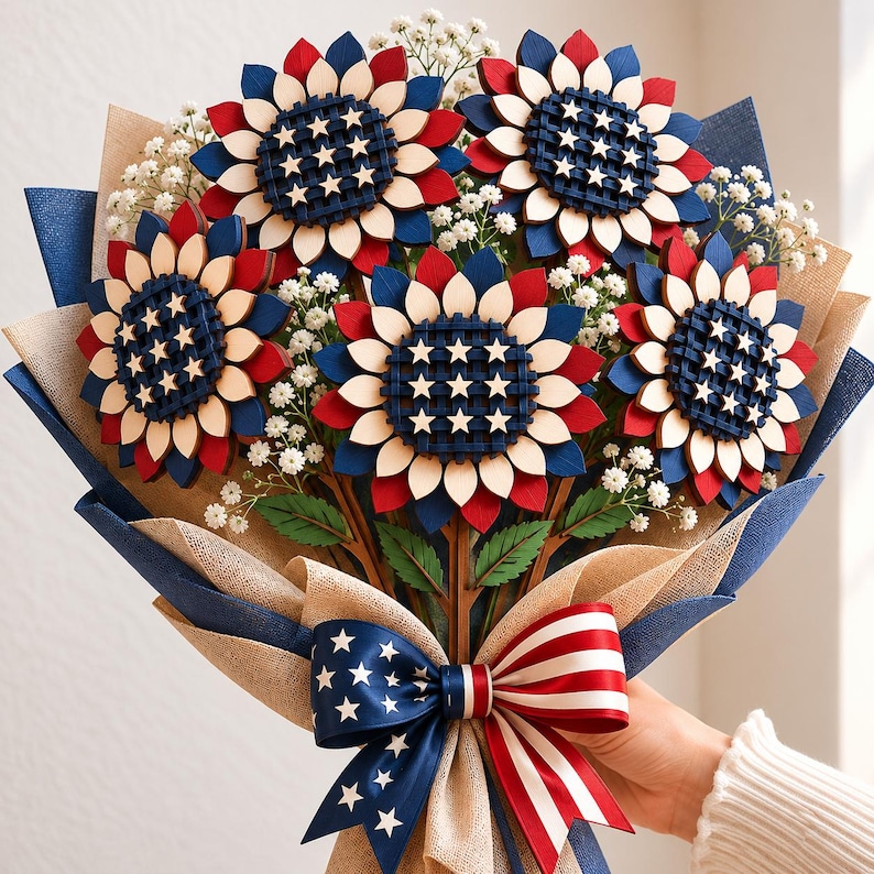 4th of July wooden flower bouquet SVG, layered patriotic floral arrangement with stars and American flag colors, laser cut gift design.