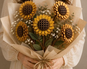 Fichier de Découpe Laser Bouquet de Tournesols 3D, SVG Fleur en Bois pour Cadeau de Fête des Mères | Bouquet de Tournesols Superposé