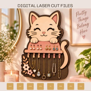 Katzen Schmuckhalter SVG, Laser Cut Schmuck Organizer, Holz Ohrringhalter, Mehrschichtiger Katzen Display Ständer, Glowforge SVG DXF Pdf