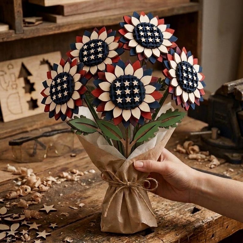 Patriotic wooden flower bouquet in a woodworking workshop, layered laser cut flower SVG file for Glowforge and xTool projects.