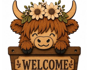 Vache Highland Floral SVG | Fichier découpé au laser de couronne de fleurs de vache en couches mignonnes | Décoration vache Highland ferme | Conception SVG Glowforge