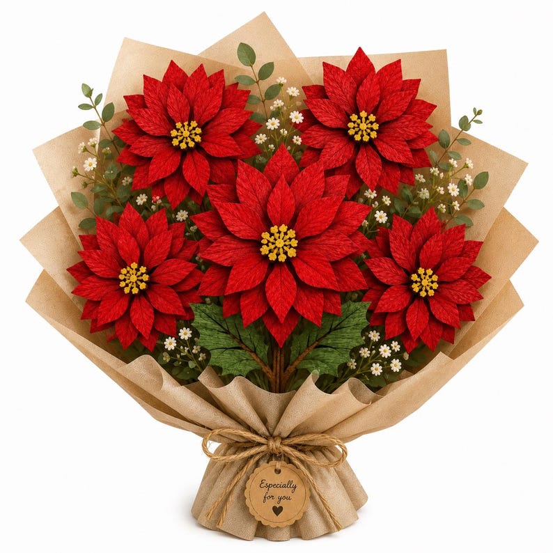Christmas Poinsettia Bouquet SVG, Layered Wooden Flower Bouquet, Poinsettia Decor, Christmas Flower SVG, Flower Bouquet SVG, Romantic Wood Gift, Laser Cut Files, Wooden Flower SVG, Glowforge Flower, xTool Laser File, 3D Flower SVG.