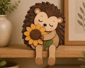 Sleepy Hedgehog Hugging a Sunflower SVG, Bookshelf Sitter SVG, Woodland Nursery Decor, Laser Cut File, Glowforge, xTool, Layered Wood