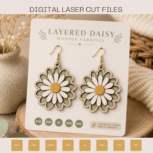 Pendientes de Margarita en Capas SVG, Archivo de Corte Láser para Pendientes Florales de Madera, Joyería Floral Boho SVG, Glowforge xTool