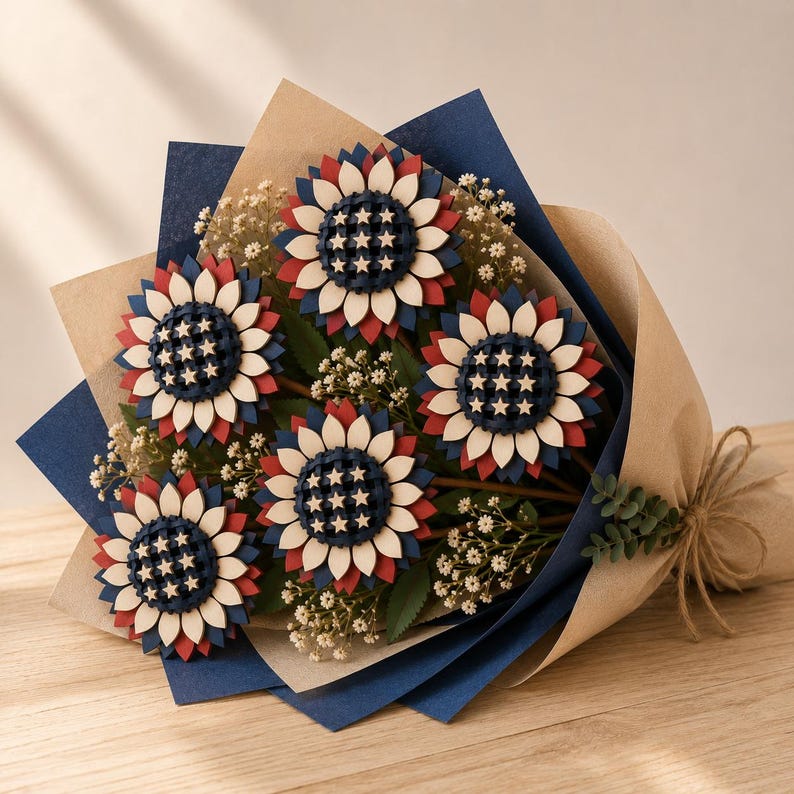 Wooden patriotic flower bouquet displayed on a table, layered laser cut SVG design with red white blue petals and star accents.