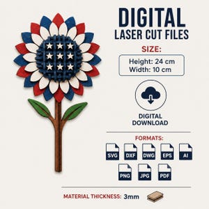 Patriotic wooden flower SVG with red, white and blue layered petals, laser cut file template for Independence Day decorations and gifts.