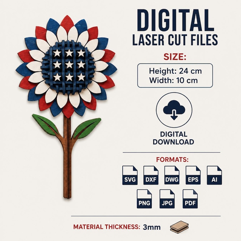 Patriotic wooden flower SVG with red, white and blue layered petals, laser cut file template for Independence Day decorations and gifts.