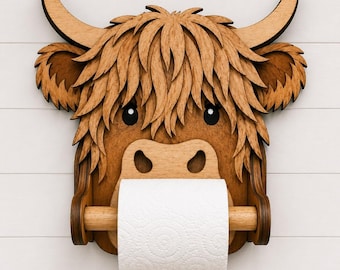 Porte-Papier Toilette Vache Highland SVG, Fichier de Découpe Laser Décoration de Salle de Bain Amusante, Art Mural Style Campagne Glowforge
