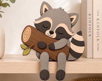 Sleepy Raccoon Hugging a Log SVG, Bookshelf Sitter SVG, Woodland Nursery Decor, Laser Cut File, Glowforge, xTool, Layered Wood