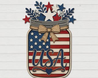 Panneau Mason Jar Drapeau USA SVG, Fichier Découpe Laser, Cricut, Décoration Porte, 4 Juillet, Téléchargement