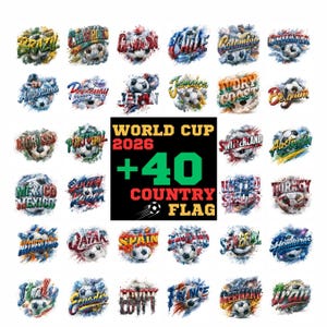 May include: A graphic featuring soccer balls with country names and flag colours, promoting the 'World Cup 2026'. The image includes the text "+40 Country Flag".