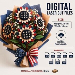 3D Patriotic Wooden Flower Bouquet Laser Cut File, layered red white blue flower SVG, 4th of July decor, digital download for Glowforge, xTool and Cricut.