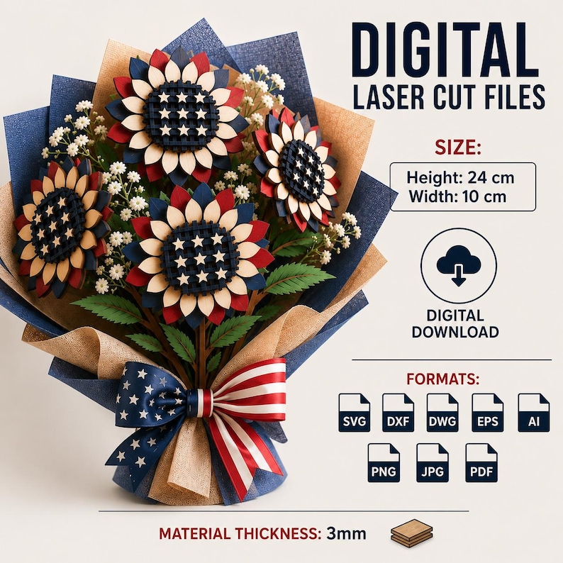 3D Patriotic Wooden Flower Bouquet Laser Cut File, layered red white blue flower SVG, 4th of July decor, digital download for Glowforge, xTool and Cricut.