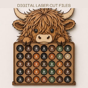 ハイランドカウ SVG コーヒーカプセルホルダー | おもしろいハイランドカウ レーザーカットファイル | ネスプレッソカプセルホルダー | ファームハウス風キッチンデコ | Glowforge SVG