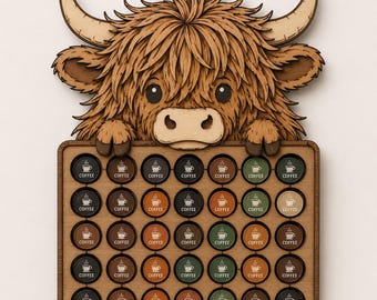 SVG Porte-Capsules Highland Cow | Fichier de Découpe Laser Highland Cow Amusant | Support Capsules Nespresso | Décoration Cuisine Champêtre