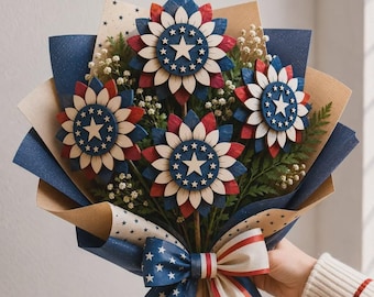 Bouquet de Fleurs du 4 Juillet SVG, Vase à Fleurs Patriotique en Bois SVG, Fichier Découpe Laser en Couches, Décoration Drapeau Américain