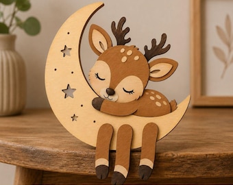 Sleepy Baby Deer Hugging Moon SVG, Bookshelf Sitter SVG, Woodland Nursery Decor, Laser Cut File, Glowforge, xTool, Cricut, Layered Wood
