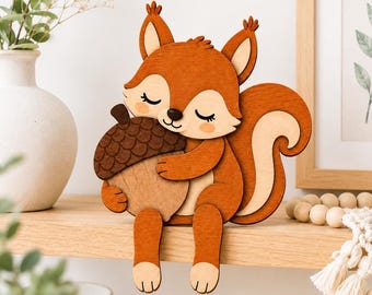 Sleepy Squirrel Hugging an Acorn SVG, Bookshelf Sitter SVG, Woodland Nursery Decor, Laser Cut File, Glowforge, xTool, Layered Wood