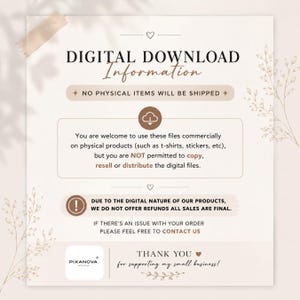 May include: A digital download information card with a beige background and brown text. It features a cloud download icon, a warning symbol, and the Pixanova Studio logo. The text outlines commercial usage terms, no-refund policies, and contact info.