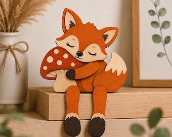 Renard endormi serrant un champignon SVG, SVG de gardien de bibliothèque, décoration de chambre d'enfant Woodland, fichier découpé au laser, Glowforge, xTool, stratifié de bois