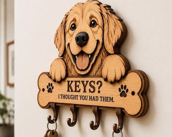 Portallaves Golden Retriever 3D SVG, Soporte para Llaves Hueso de Perro Corte Láser, Organizador de Pared de Madera Diseño Glowforge PNG DXF