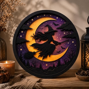 Halloween Witch Moon SVG with layered night sky, Flying Witch SVG, Crescent Moon SVG, Halloween Wall Decor, Witch Silhouette Laser Cut File, Glowforge SVG, xTool Halloween, Wooden Layered Sign, Spooky Home Decor.
