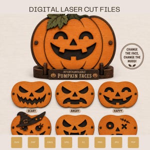 May include: Digital laser cut files for an interchangeable pumpkin face display. The set includes a main orange pumpkin base with a green leaf and six distinct wooden face inserts featuring various expressions like scary, angry, and happy.