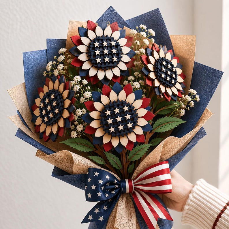 Layered patriotic flower bouquet made from laser cut wood, red white blue floral SVG design with decorative ribbon and baby’s breath accents.
