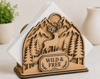 Porte-Serviettes Cerf SVG, Fichier Découpe Laser Montagne, Support Serviettes Rustique, Glowforge SVG, Décoration Chalet Bois