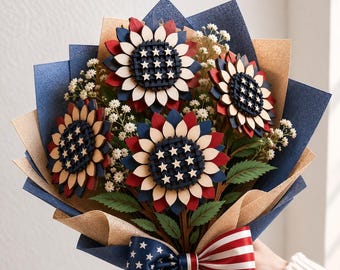 Fichier de Découpe Laser Bouquet de Fleurs Patriotiques 3D en Bois, Fleur du 4 Juillet SVG | Glowforge DXF PDF