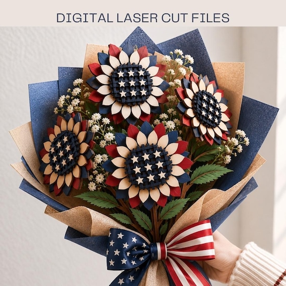 3D Patriotic Flower Bouquet SVG | 4th of July Wooden Flowers Laser Cut File | American Flag Flower SVG | 3D Floral Bouquet DXF