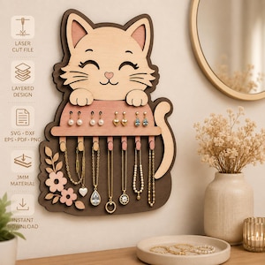 Cat Jewelry Holder SVG, Laser Cut Jewelry Organizer, Wooden Earring Holder, Layered Cat Display Stand, Glowforge SVG DXF Pdf
