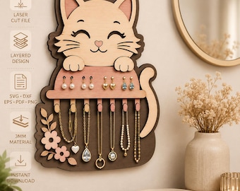Support à Bijoux Chat SVG, Organisateur de Bijoux Découpe Laser, Porte Boucles d'Oreilles en Bois, Présentoir Chat Multicouche, Glowforge