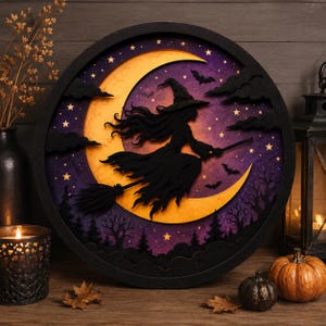 Layered Flying Witch Moon SVG on Halloween shelf decor, Witch Laser Cut File, Halloween Witch SVG, Crescent Moon Wall Art, Witch Silhouette SVG, Glowforge Halloween, xTool Laser File, Wooden Halloween Decor, Spooky SVG.