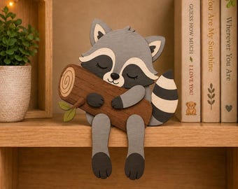 Sleepy Raccoon Hugging a Log SVG, Bookshelf Sitter SVG, Woodland Nursery Decor, Laser Cut File, Glowforge, xTool, Layered Wood