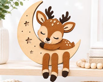 Sleepy Baby Deer Hugging Moon SVG, Bookshelf Sitter SVG, Woodland Nursery Decor, Laser Cut File, Glowforge, xTool, Cricut, Layered Wood