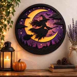 Flying Witch Moon SVG displayed as Halloween wall decor, Layered Witch SVG, Witch Silhouette SVG, Crescent Moon SVG, Halloween Laser Cut File, Glowforge SVG, xTool SVG, Spooky Wall Art, Wooden Halloween Sign, Digital Download.